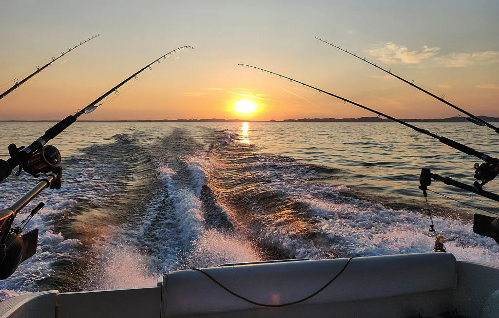 Salmon & Trout Fishing Charters - New Buffalo, Michigan Four fishing poles on the back of a fishing charter heading out on Lake Michigan at sunrise.