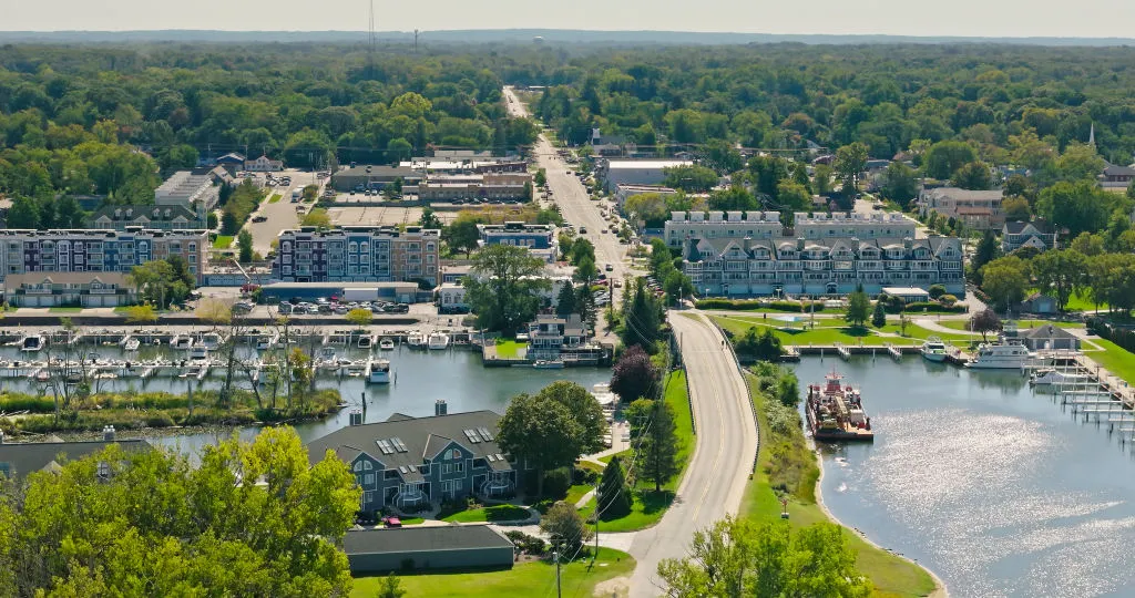 New Buffalo lakefront and Galien River Channel. Aerial View of New Buffalo, Michigan