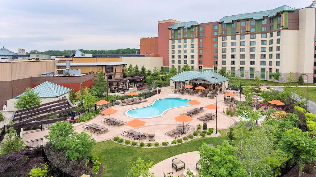 Four Winds Casino Hotel and outdoor entertain area. Just one of many lodging accommodations in the New Buffalo area. Aerial view of Four Winds Casino Hotel & outdoor entertaining area