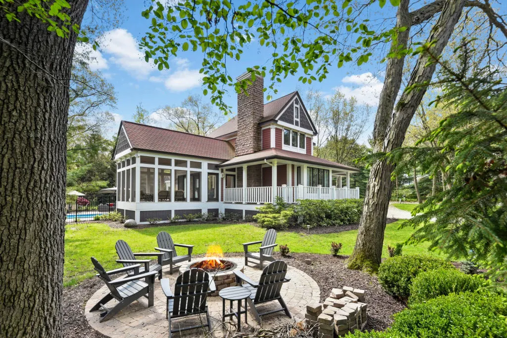 One of many New Buffalo Area Vacation Rentals View of Grand Beach Michigan estate near the golf course with firepit and seating